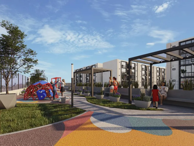 Andadores con pergolados, jardineras y juegos infantiles en Zenith Residencial