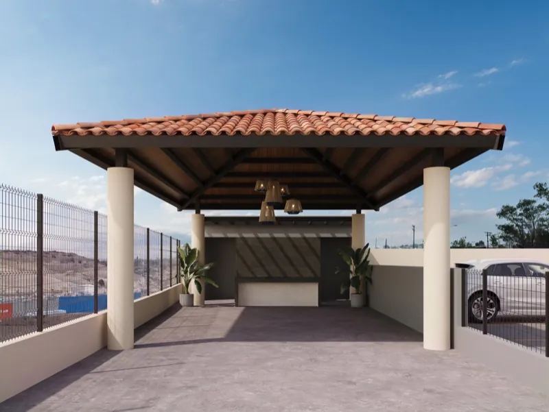 Palapa techada con asadores y barra para convivencia