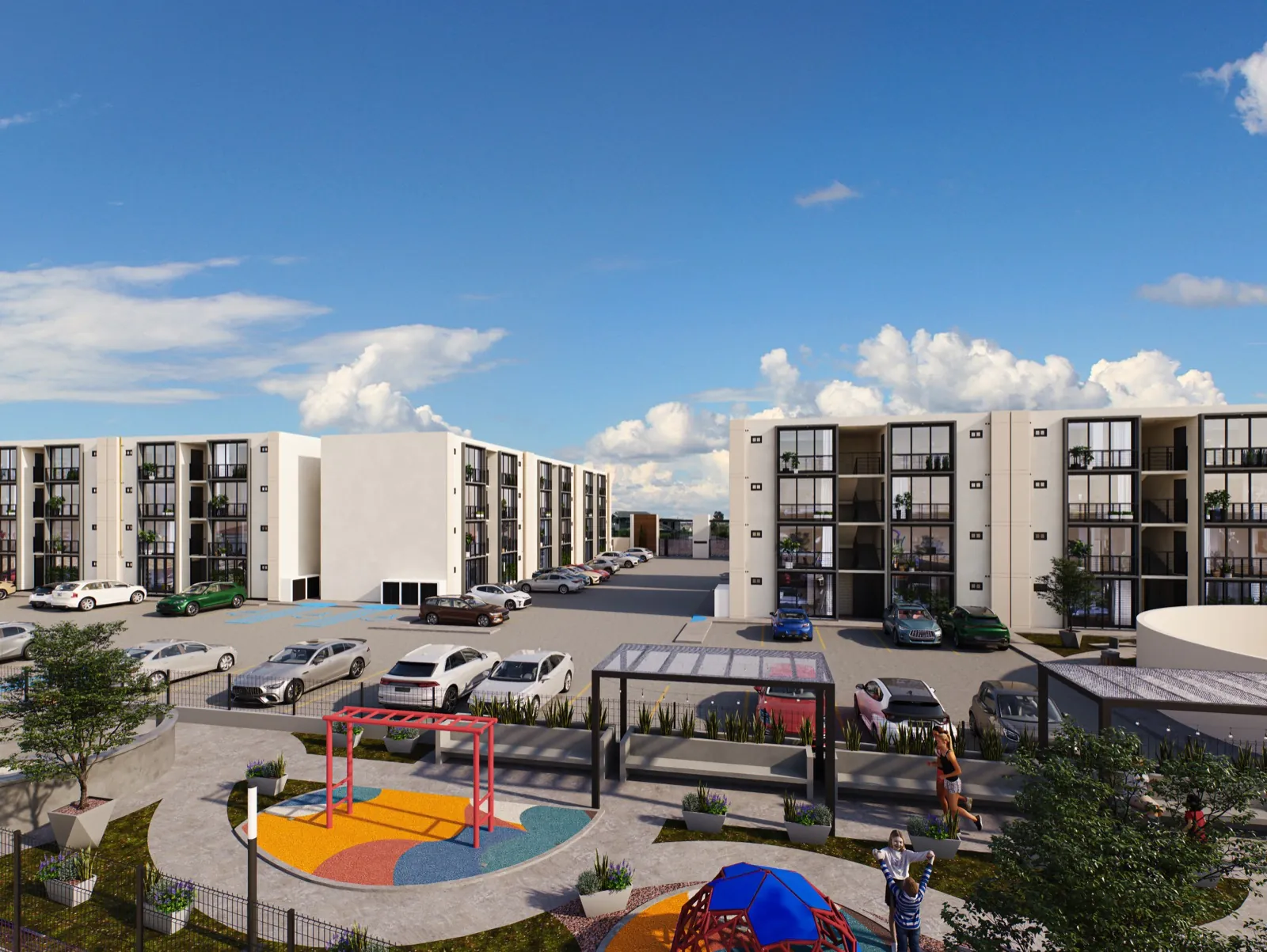 Conjunto de Zenith Residencial: edificios, áreas verdes, andadores y juegos infantiles