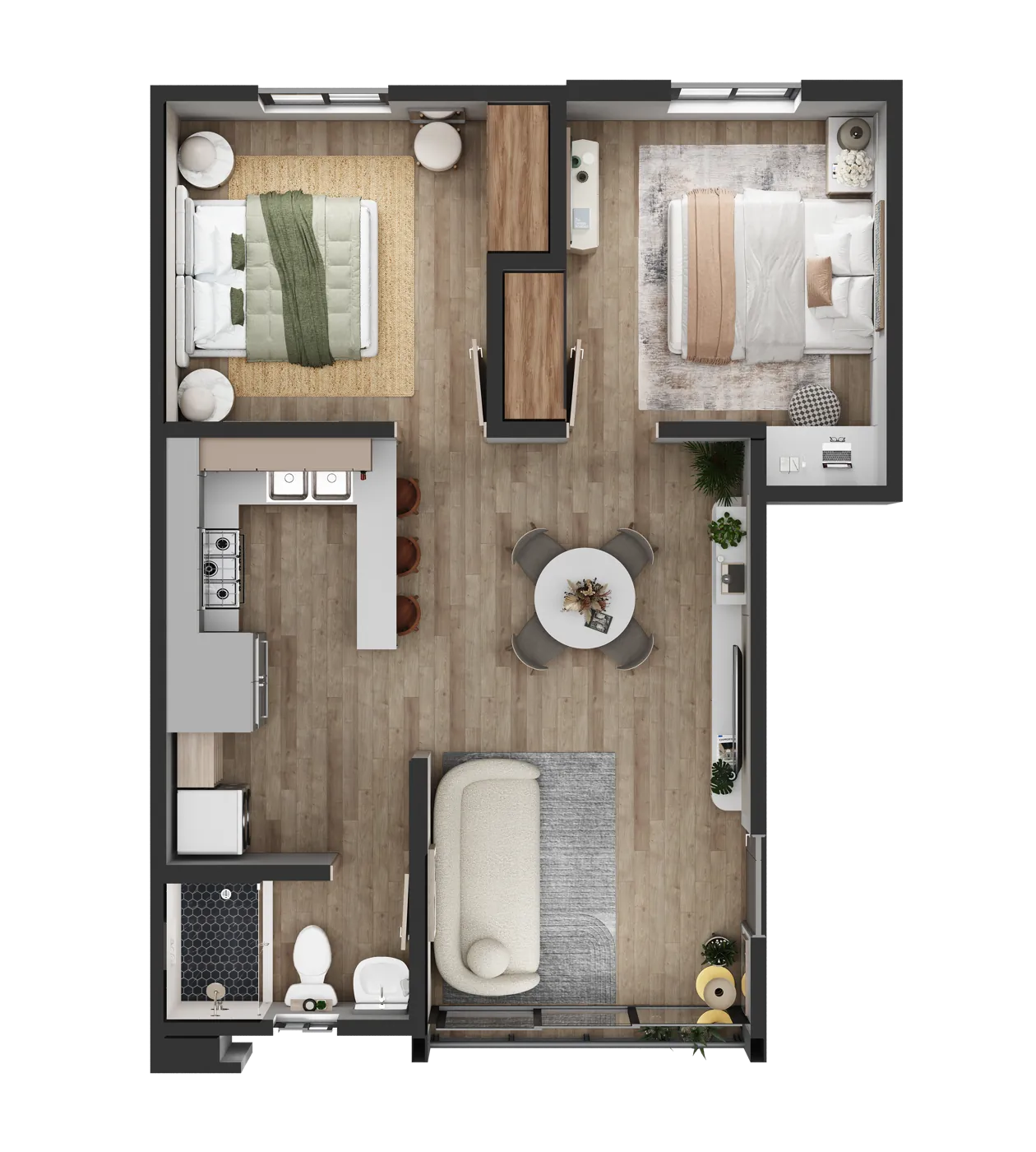 Planta arquitectónica del modelo CIMA de 57.09 m² con dos recámaras, sala, comedor y cocina