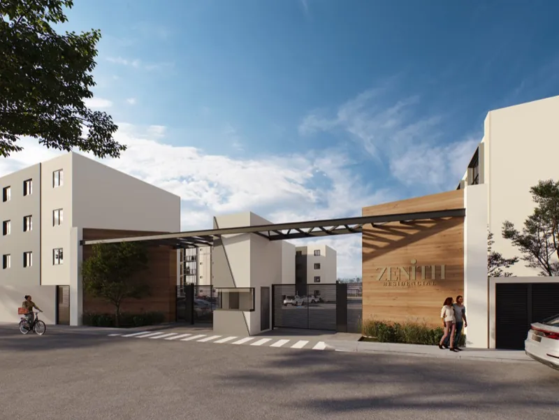 Pórtico de acceso controlado de Zenith Residencial con señalética de madera
