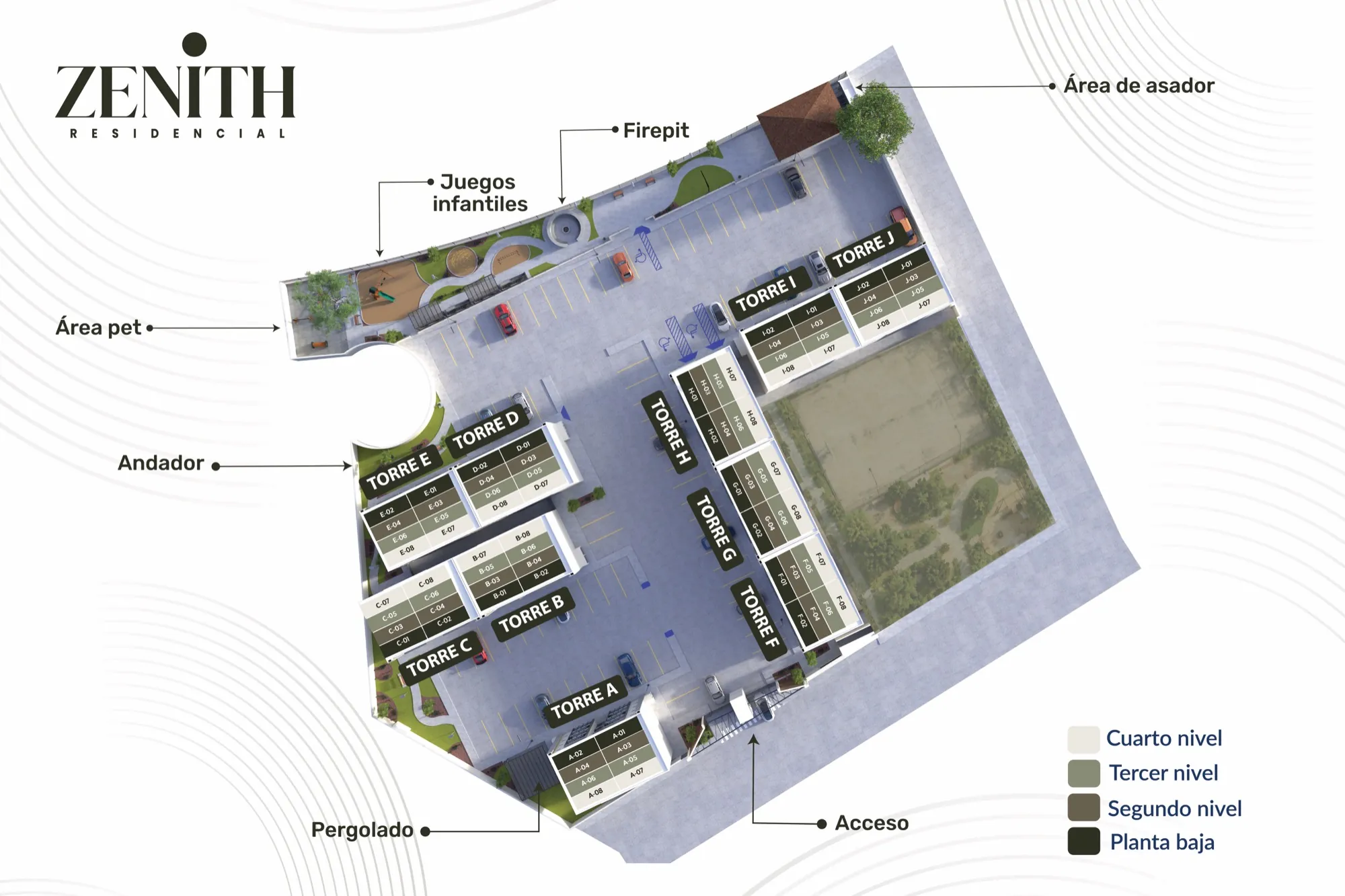 Plano de sembrado del conjunto Zenith Residencial con la distribución de edificios, amenidades y vialidades